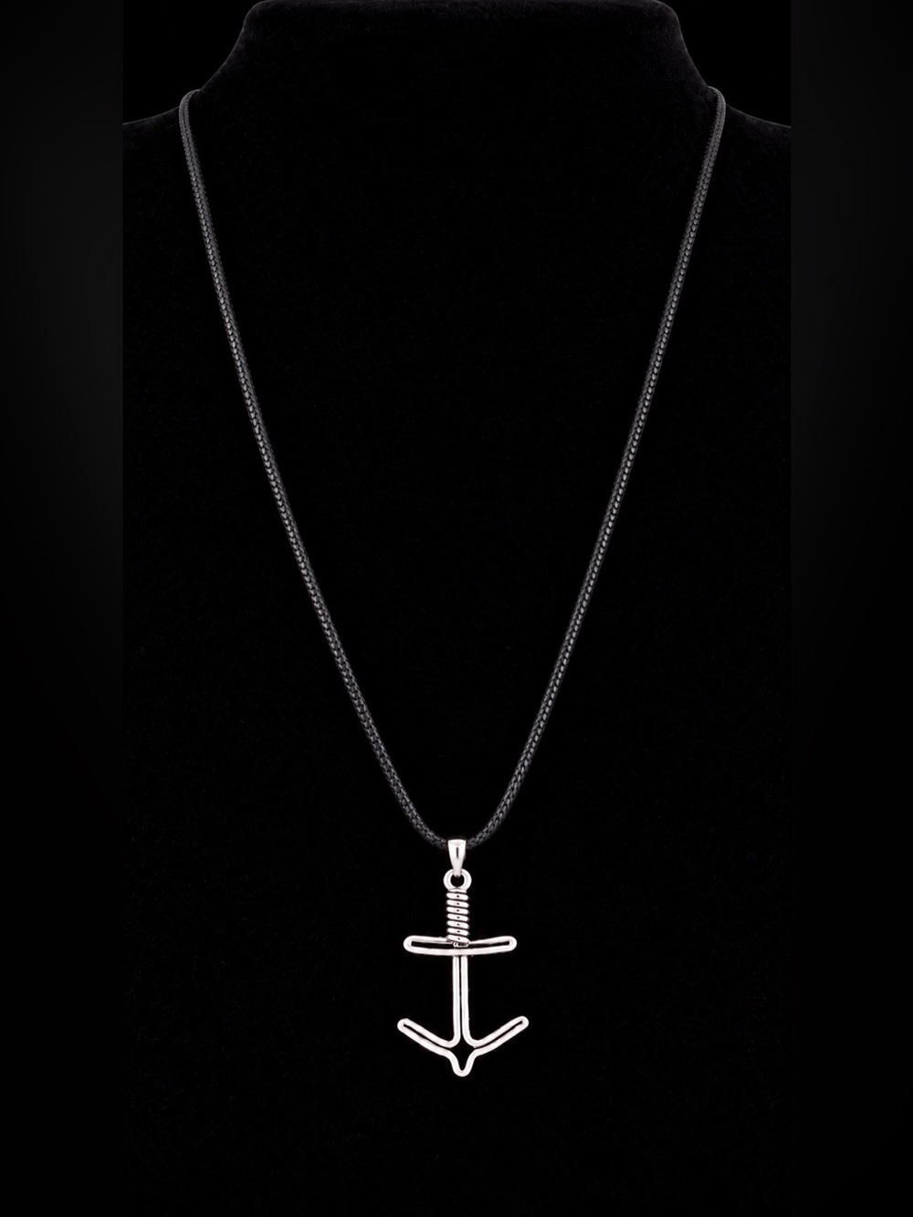 Silver Anchor Pendant on a Black Cord Necklace